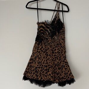 Leopard Print Dress with Black Feather and Bead Details